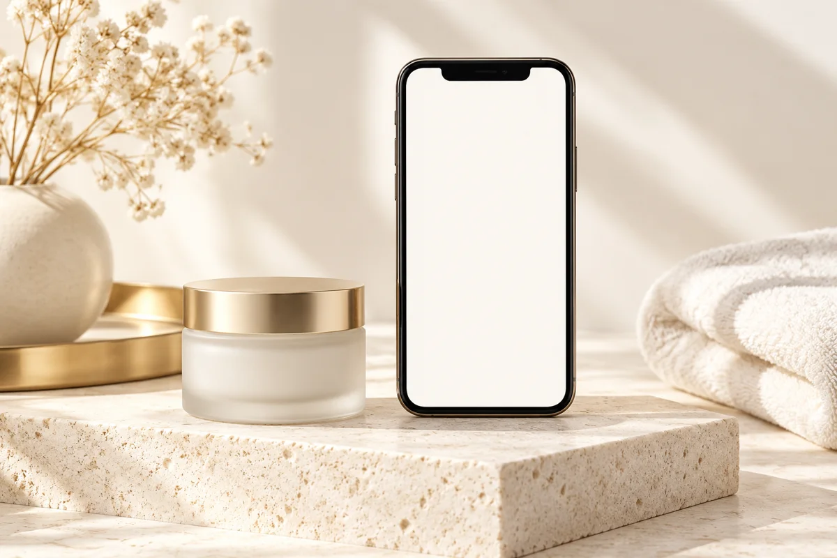 Світла beauty-композиція зі смартфоном і косметикою